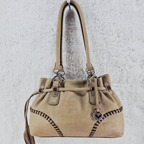 BRIGHTON Beige Pebble Leather Hobo Shoulder Bag Whipstitching Tassel Drawstring - Picture 4 of 16